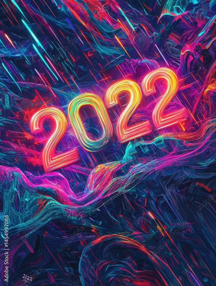 An abstract digital display showcases the year 2022 prominently in neon colors.