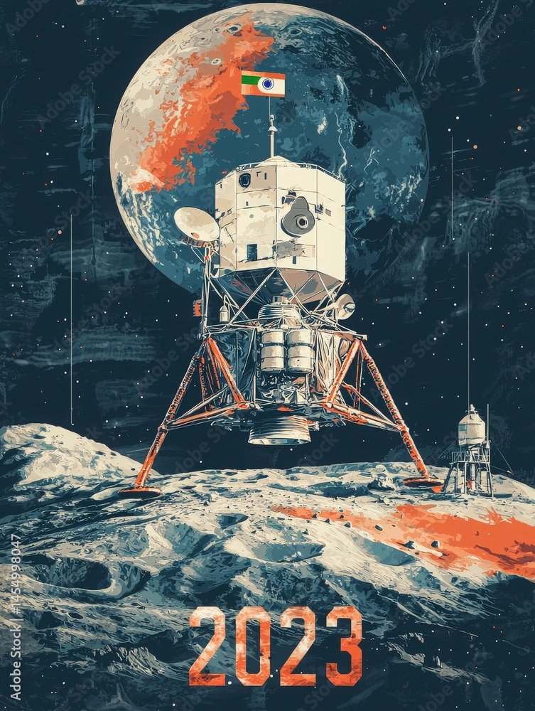 A lunar lander stands on the moons surface, featuring a flag atop its structure. Earth looms in the background, showcasing a vibrant space scene with details of the lunar landscape.