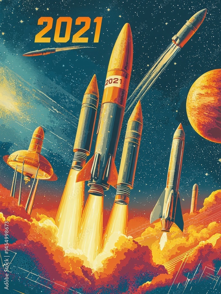Multiple rockets ascend into a vibrant starry sky, with bright flames trailing behind them. A planet looms in the background, capturing the essence of space exploration in 2021.