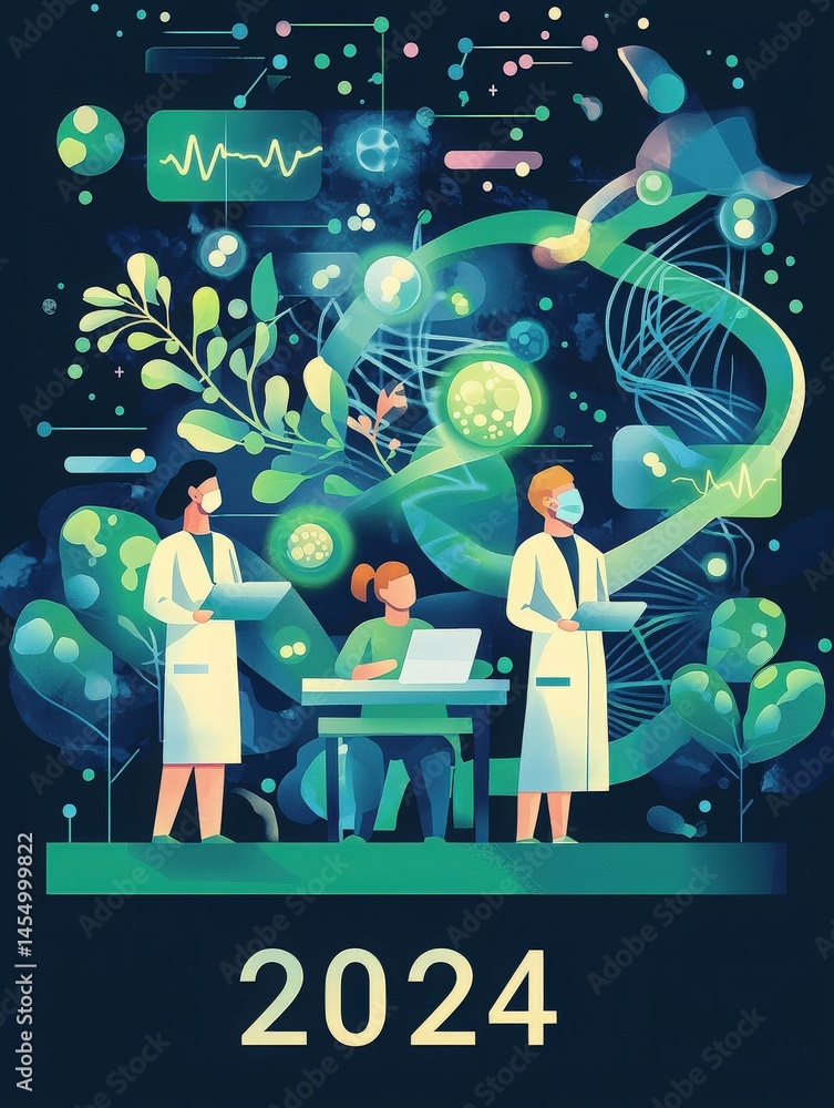 In a vibrant laboratory, two scientists guide a young researcher working on a laptop. Surrounded by glowing plants and molecular structures, they explore groundbreaking biotechnological advancements.