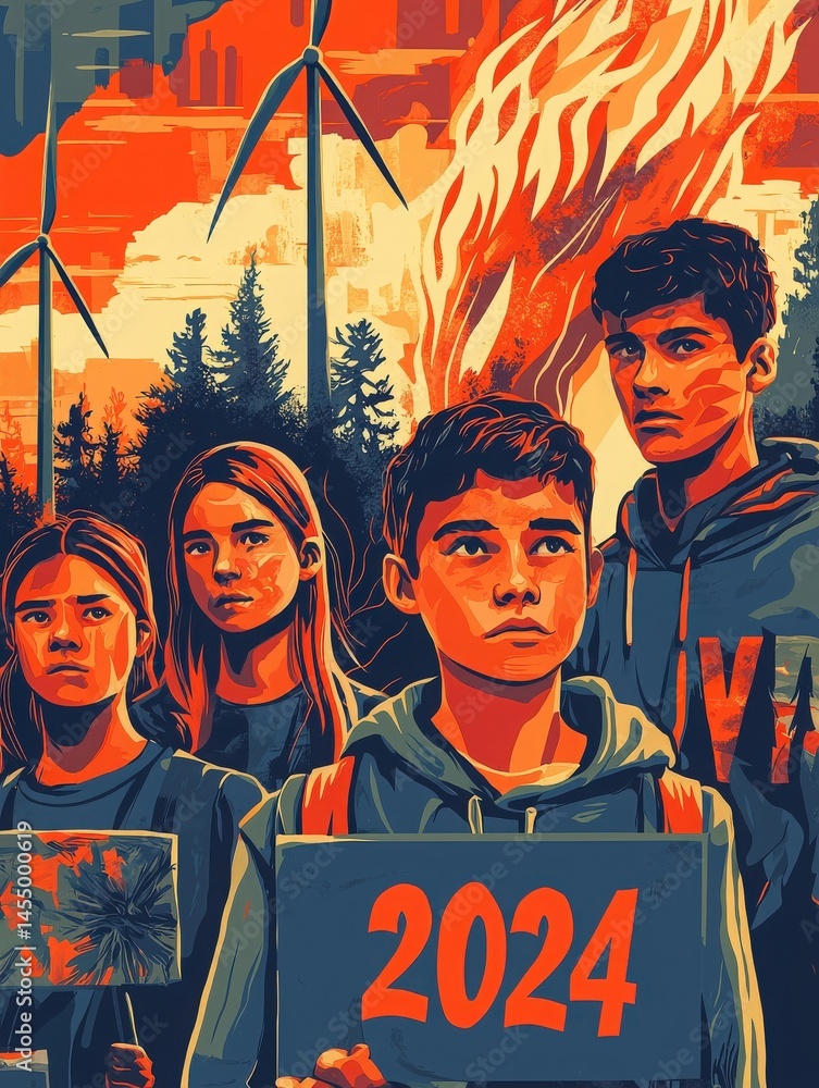 A group of young activists stands resolutely in an urban environment, holding signs for climate action.