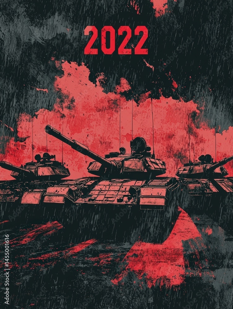The artwork features three armored tanks set against a striking red backdrop. Dark clouds loom overhead, contributing to a tense atmosphere that suggests conflict and urgency.