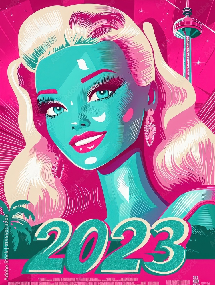 A striking illustration shows a glamorous character with bright teal skin and platinum blonde hair.