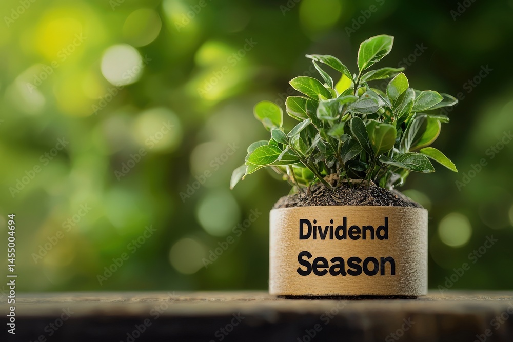 A small plant is thriving in a wooden pot labeled dividend season, resting on a table. The background is softly blurred with vibrant green foliage, creating a fresh and lively atmosphere.