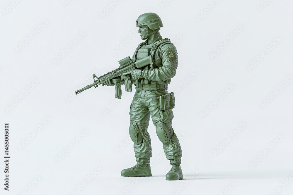 A detailed green plastic soldier figure stands confidently with a rifle in hand. The soldier is depicted in a ready stance, showcasing tactical gear and features.