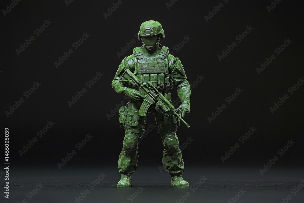 A green soldier figurine poses confidently, holding a weapon. Set against a dark background, the detail showcases the military uniform and gear.