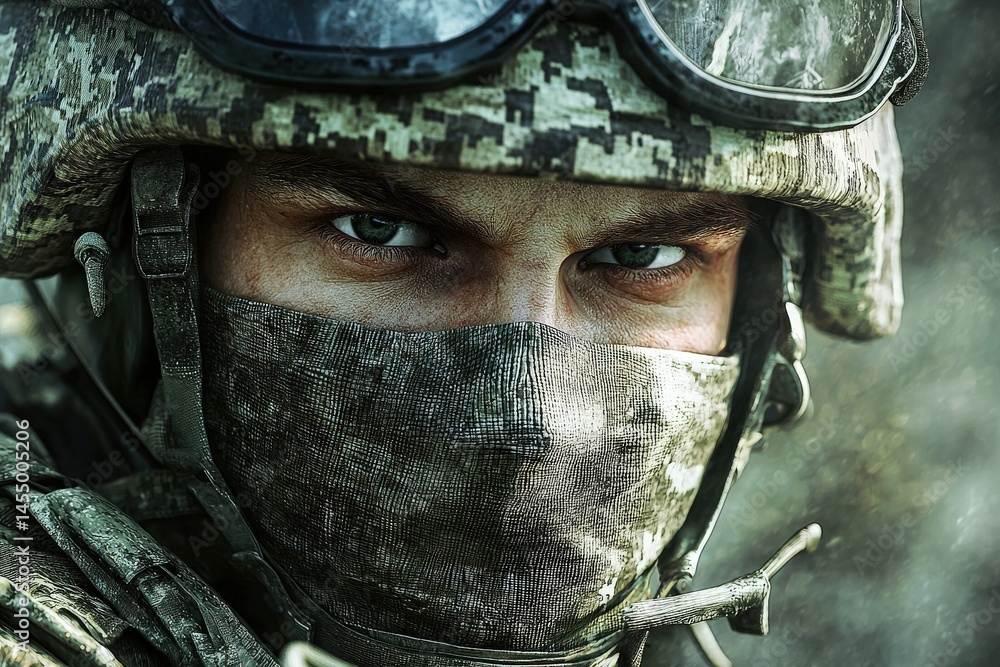 A soldier is depicted wearing a camouflage helmet and tactical gear, with a mask covering his lower face. His intense gaze conveys focus and readiness for action in a battle setting.