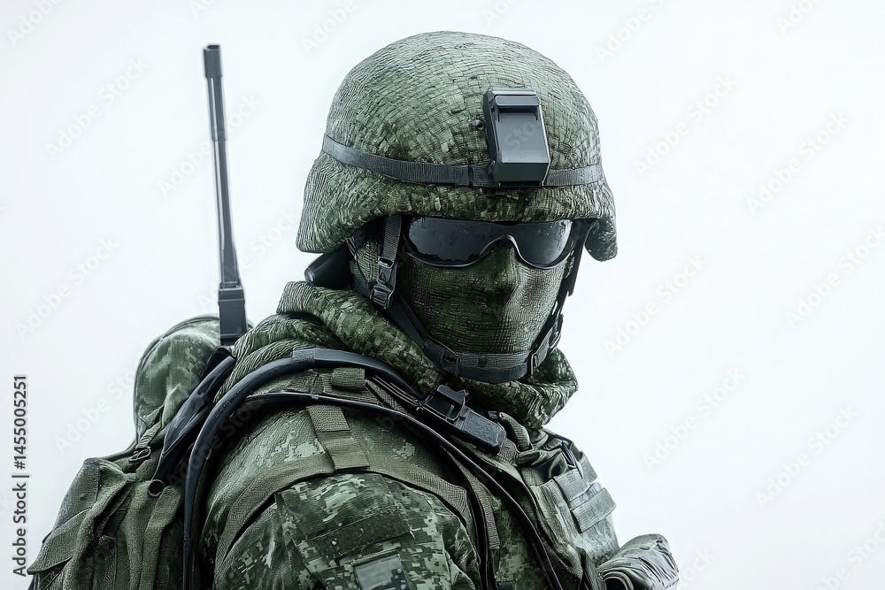 A soldier clad in full tactical gear stands ready for action, donning dark shades and a helmet. The environment is likely cold and foggy, creating a tense atmosphere for military operations.