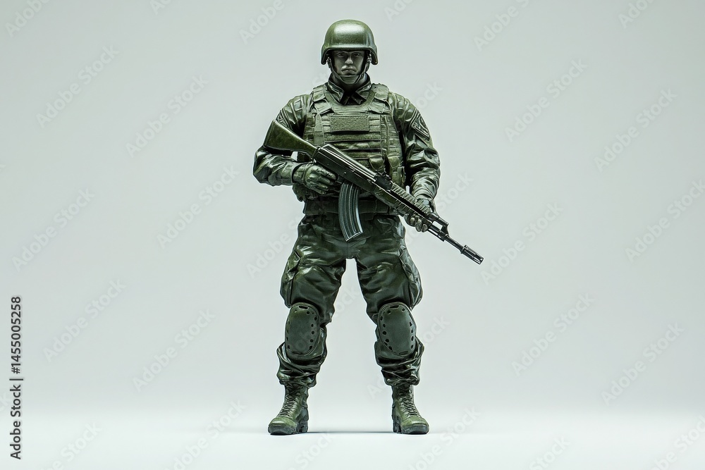 A military action figure poses confidently with an assault rifle. Clad in camouflage attire and equipped with protective gear, this figure exudes a sense of readiness and strength.