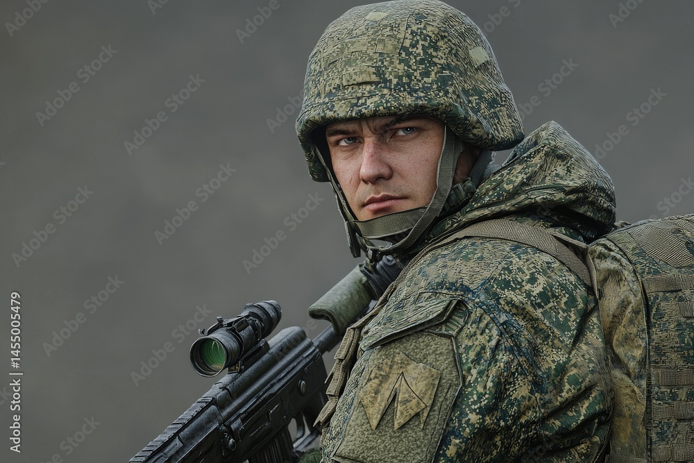 A soldier dressed in camouflaged combat attire stands resolutely, holding a rifle. The neutral background emphasizes the soldiers focused expression and readiness for action.