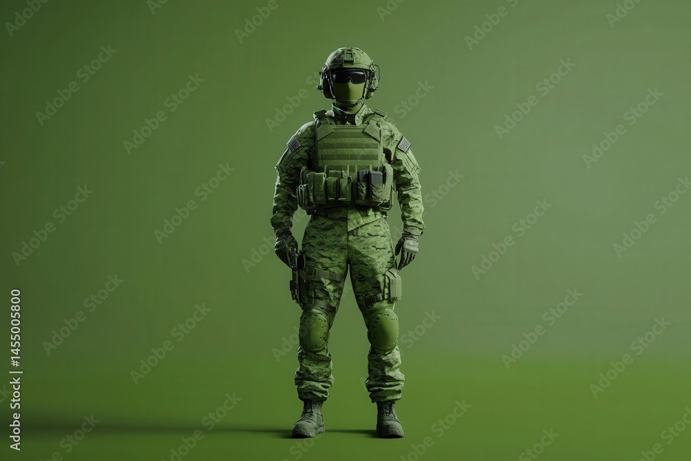 A soldier dressed in camouflage tactical gear poses firmly against a minimalist green backdrop. The uniform includes various pouches and accessories, emphasizing readiness and strength.