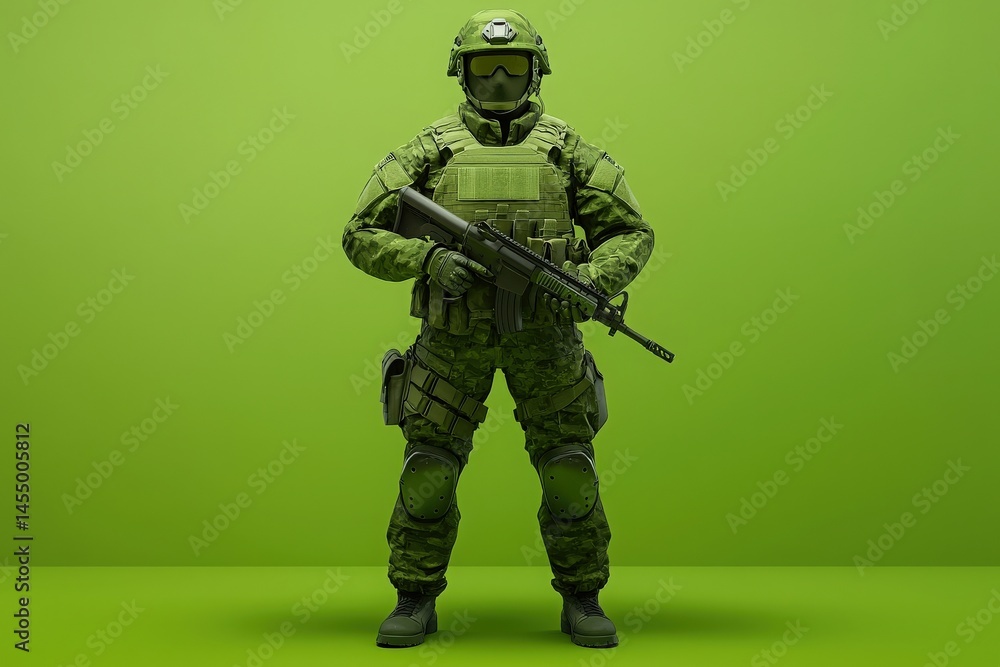 A soldier dressed in green camouflage tactical gear stands confidently, holding a rifle. The backdrop is a vivid green, enhancing the overall military aesthetic of the setup.
