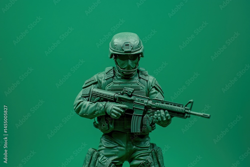 A detailed military action figure posed against a vibrant green background. The soldier holds a rifle, showcasing tactical gear and an intense expression focused on the mission.