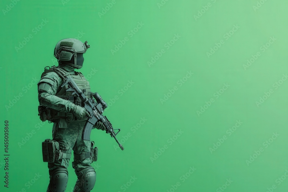A soldier in full tactical attire holds a rifle, showcasing military preparedness. The vibrant green background emphasizes the soldiers stance, representing vigilance and strength.
