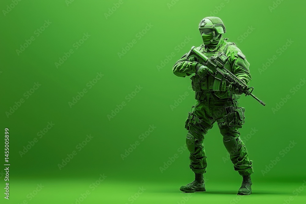 A soldier dressed in camouflage tactical gear stands confidently, holding a rifle and ready for action.
