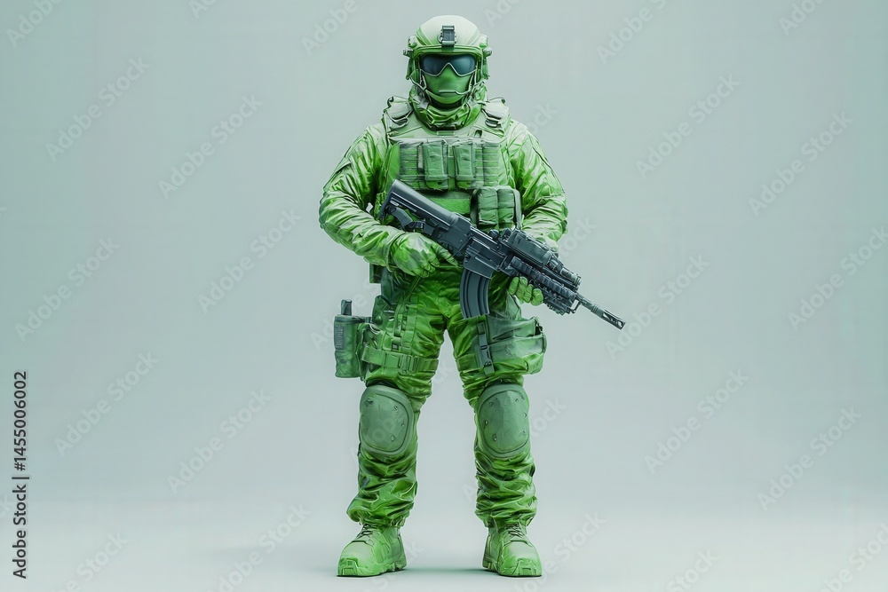 A detailed military action figure is dressed in a green combat uniform, holding a rifle. The figure stands upright on a plain background, showcasing intricate design and gear.