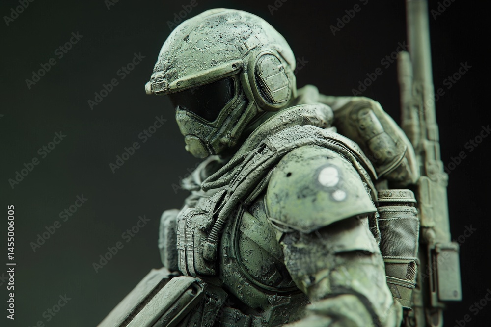 A close-up view of a soldier figure with detailed armor and gear is highlighted against a dark background. The figure has visible wear marks, emphasizing a battle-ready appearance.