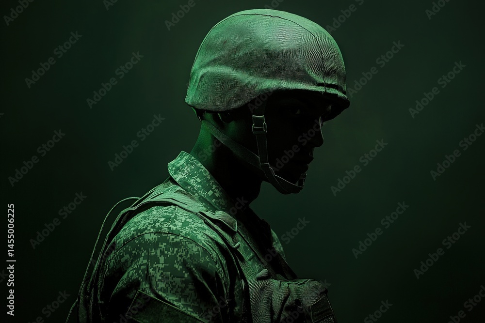 A silhouette of a soldier wearing a helmet stands in a dimly lit setting. The uniform features camouflage patterns. The mood conveys intensity and focus, highlighting military readiness.