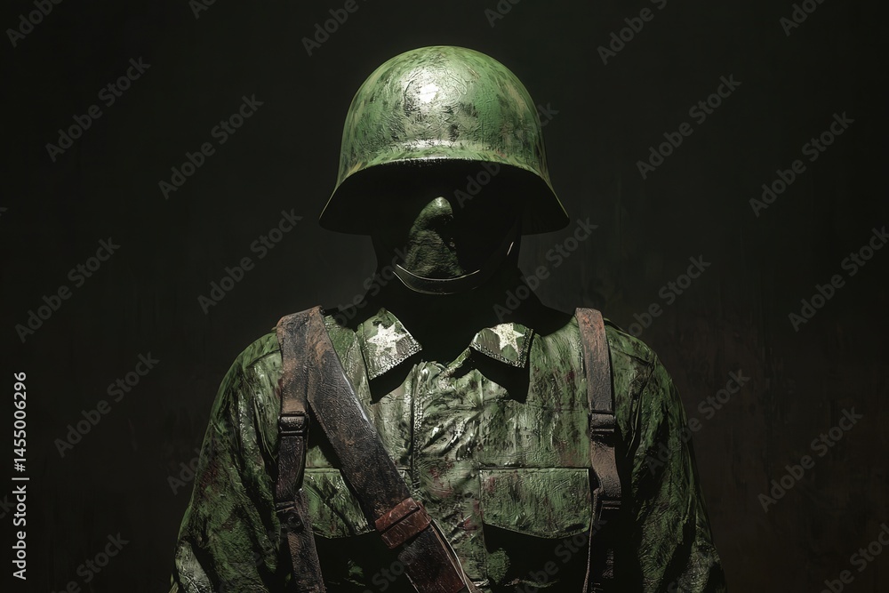 A green military statue stands solemnly, dressed in textured combat gear and a helmet, with the background in shadow. The figure conveys a sense of history and respect for soldiers.