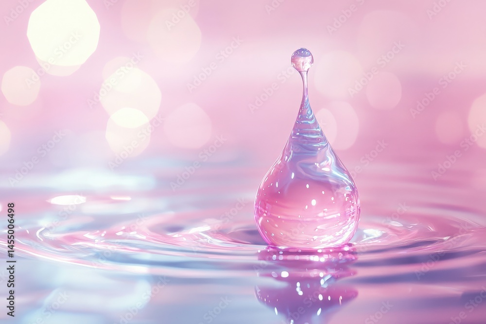 A single water droplet falls into a calm body of water, creating ripples that radiate outward. The backdrop features soft pastel hues of pink and purple, enhancing the tranquil atmosphere.