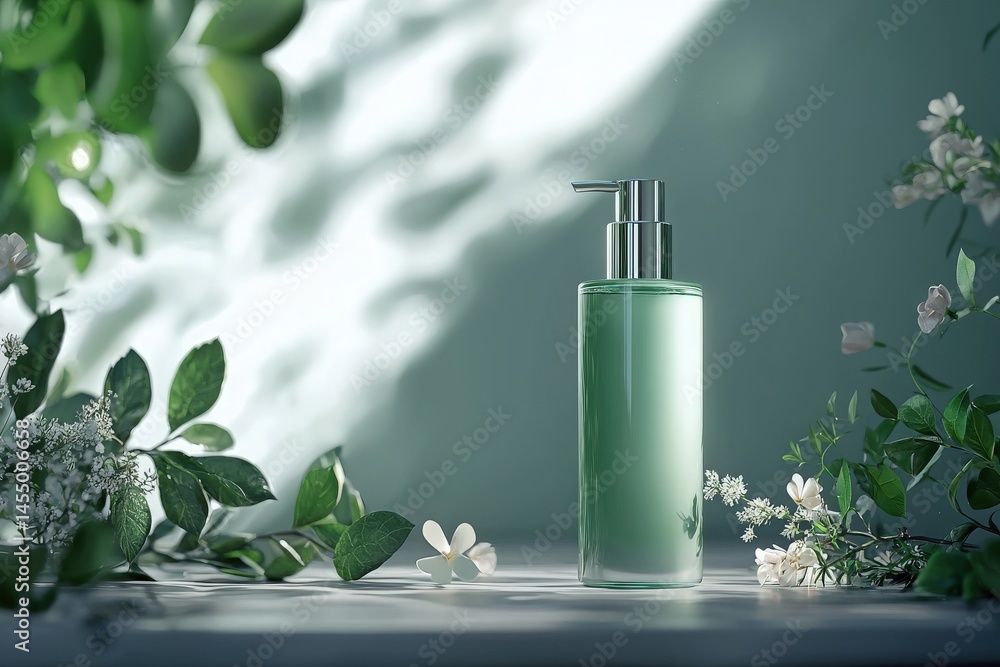 A serene display features a green skincare bottle amidst vibrant green leaves and white flowers. Soft light creates a calming atmosphere, highlighting the products design and surrounding nature.