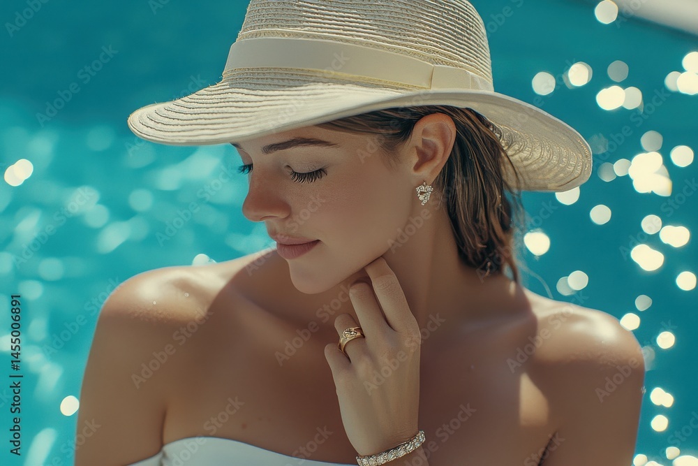 A woman with long hair wears a wide-brimmed sun hat and jewelry, thoughtfully resting her chin on her hand. She stands by a shimmering blue pool on a sunny day, radiating elegance.
