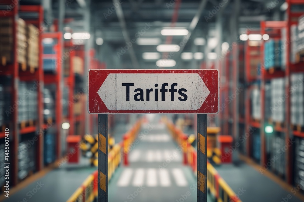 A clear sign labeled Tariffs is positioned within a bustling warehouse. It points towards a well-organized pathway lined with shelves filled with various goods.