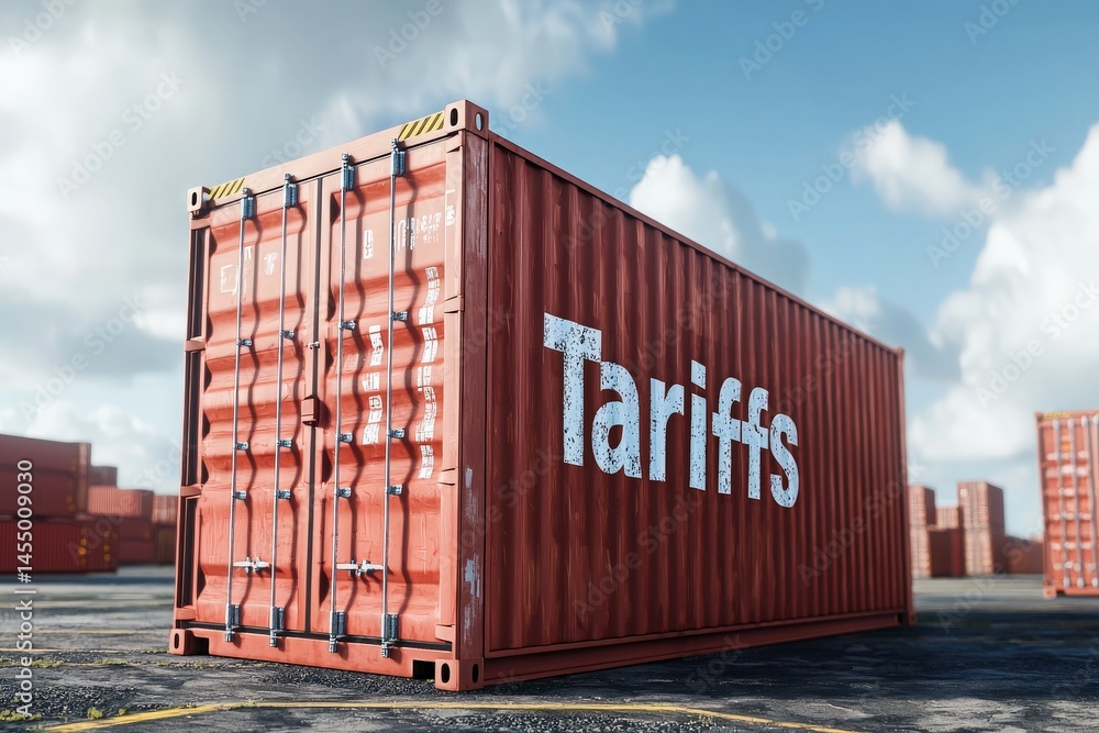 A large red shipping container labeled with the word tariffs stands prominently in a busy shipping yard. Surrounding containers and a clear blue sky create an industrial atmosphere.