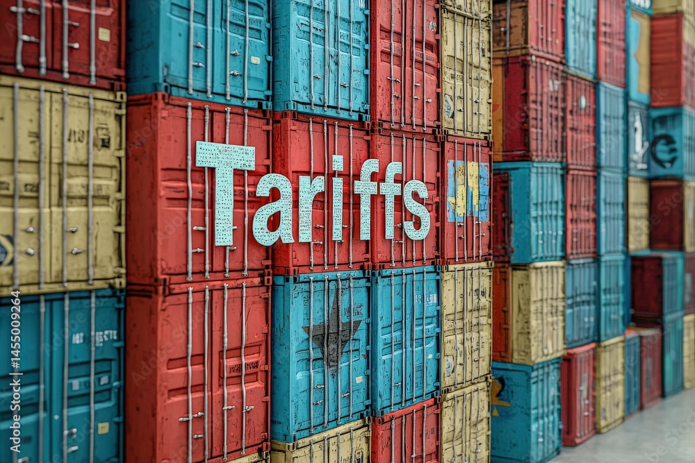A vibrant wall constructed from stacked shipping containers in various colors prominently features the word tariffs.