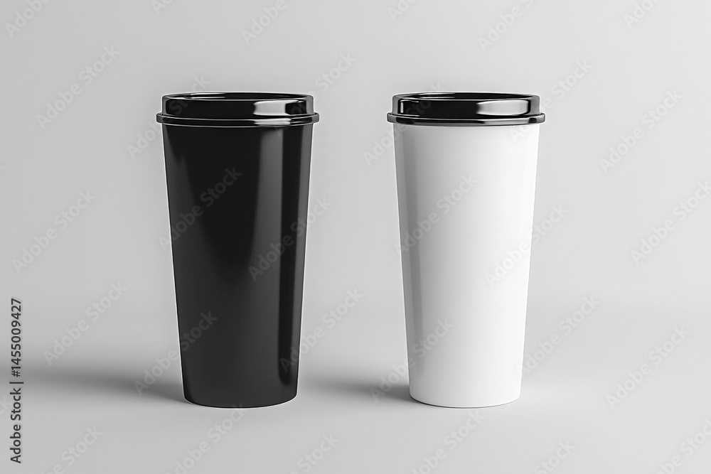 Two sleek reusable coffee cups are displayed side by side, one black and one white. Their minimalist design reflects a modern aesthetic ideal for eco-conscious individuals.