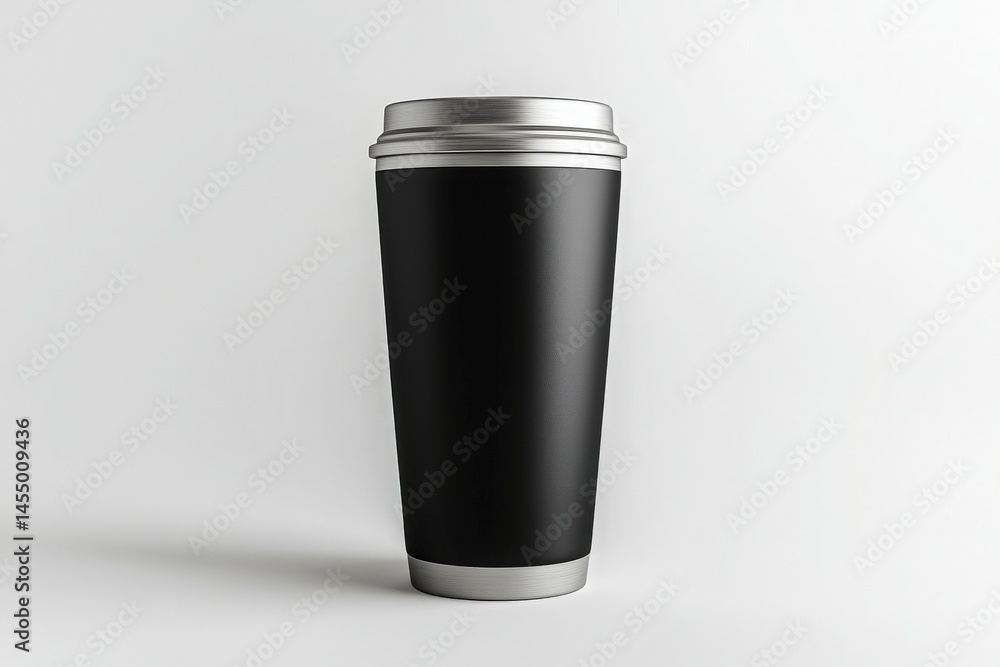 This sleek black reusable coffee cup showcases a stainless steel lid, perfect for those who seek an eco-friendly way to enjoy their favorite beverages while on the move.