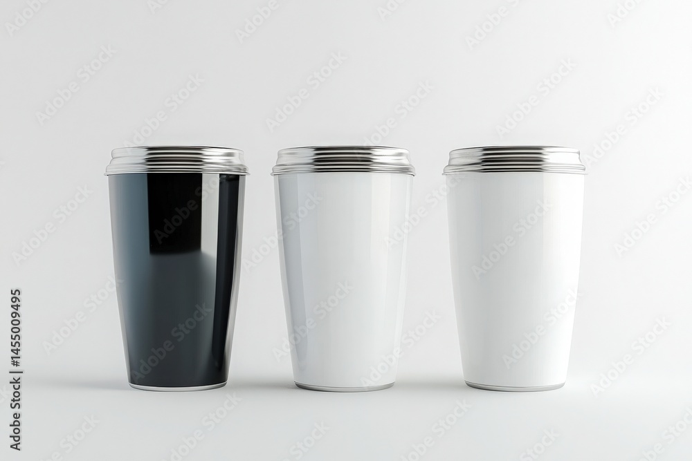 Three insulated tumblers are arranged side by side, featuring a sleek black and two contrasting white designs. Their shiny metal lids reflect minimalistic elegance against a plain background.