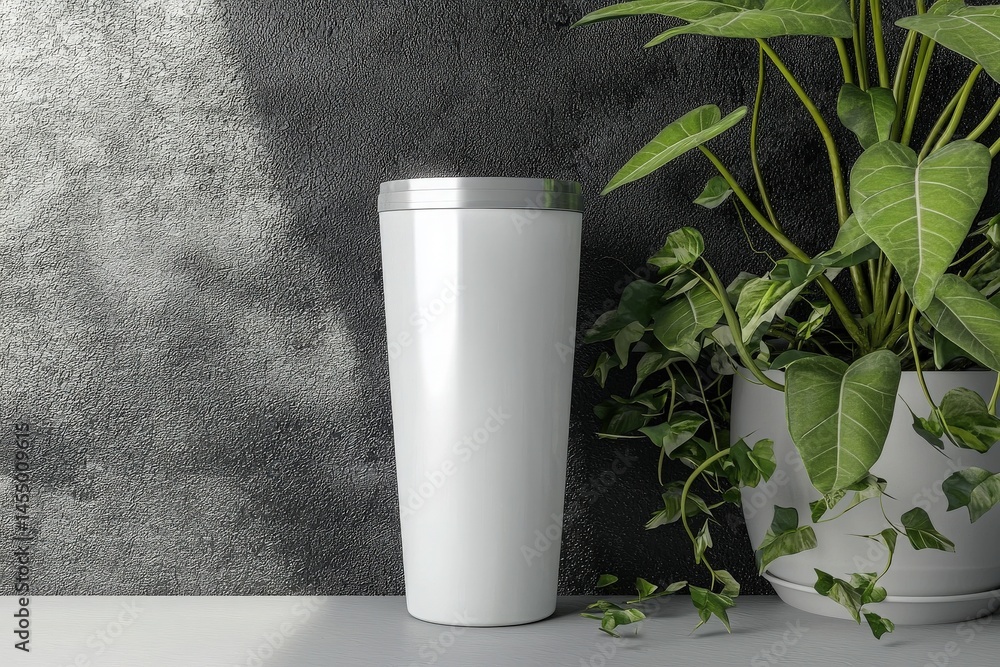 A sleek white tumbler stands on a light surface next to a healthy green plant. The background features a textured gray wall, creating a contemporary atmosphere.