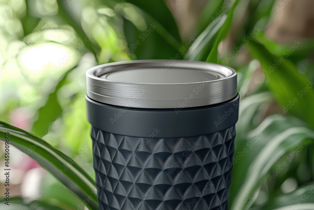 A stylish reusable coffee cup with a textured exterior sits among lush green plants. The stainless steel lid reflects sunlight, adding a modern touch to the eco-friendly scene.