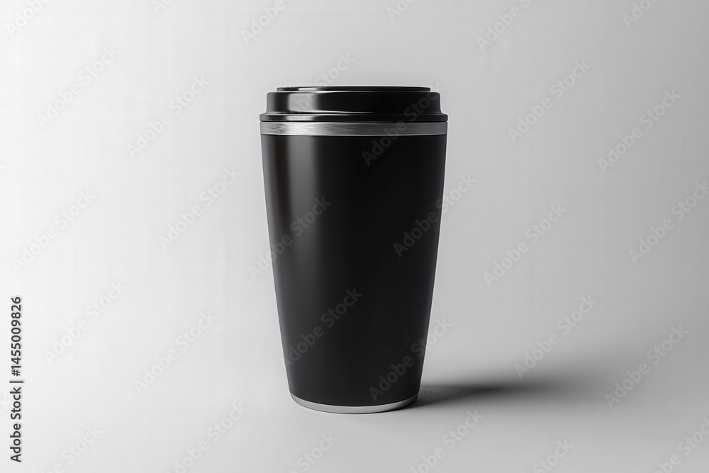 A sleek black takeaway cup is placed against a minimalist background, highlighting its contemporary design. The cup features a silver band at the top, suggesting usability for hot beverages.