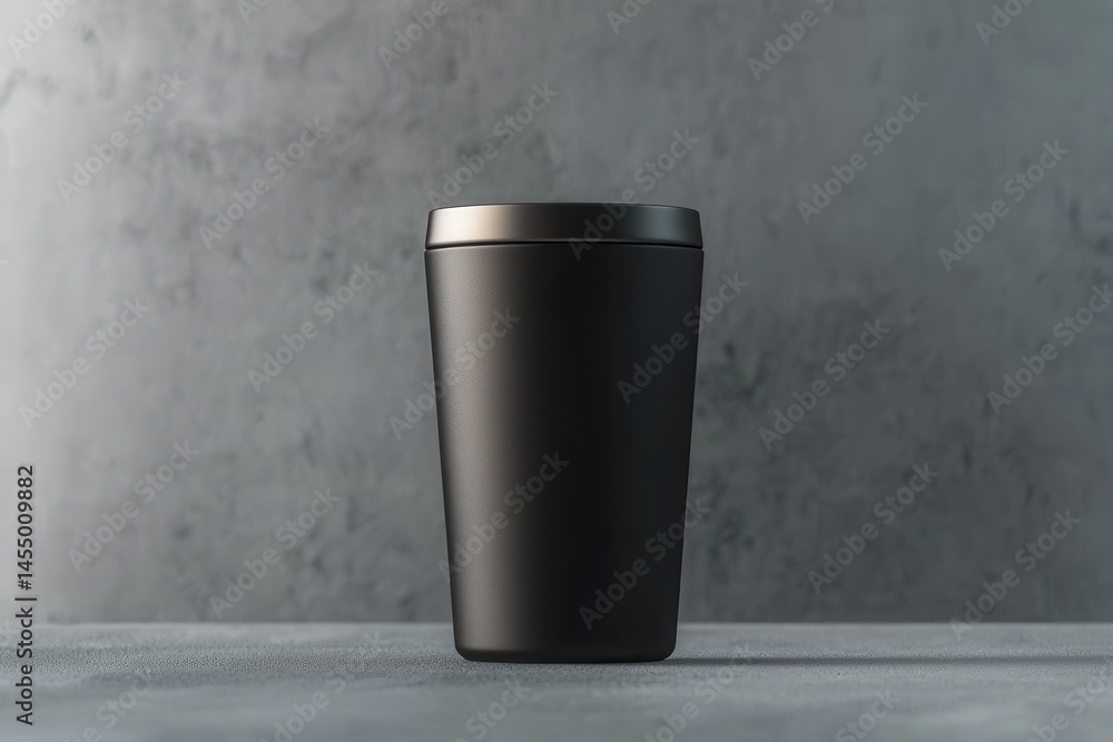 A sleek black cup stands upright on a smooth gray surface with a subtle textured background. The design is simple and modern, suitable for minimalistic decor or a contemporary cafe.
