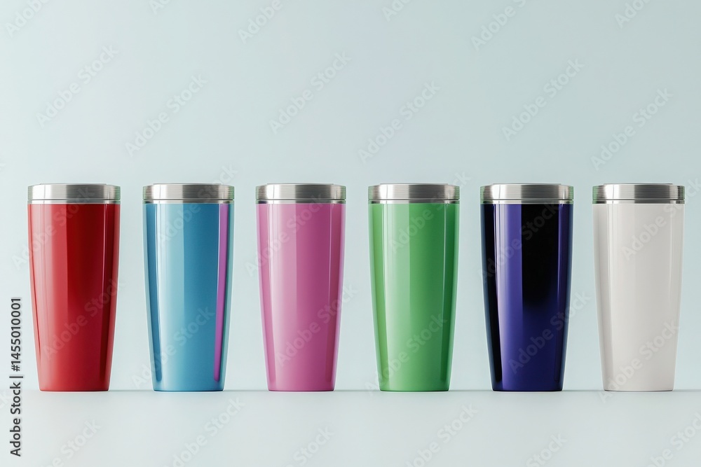 Six vibrant travel mugs in red, blue, pink, green, navy, and white are arranged neatly against a light blue background. Each mug features a sleek design and a metallic lid.