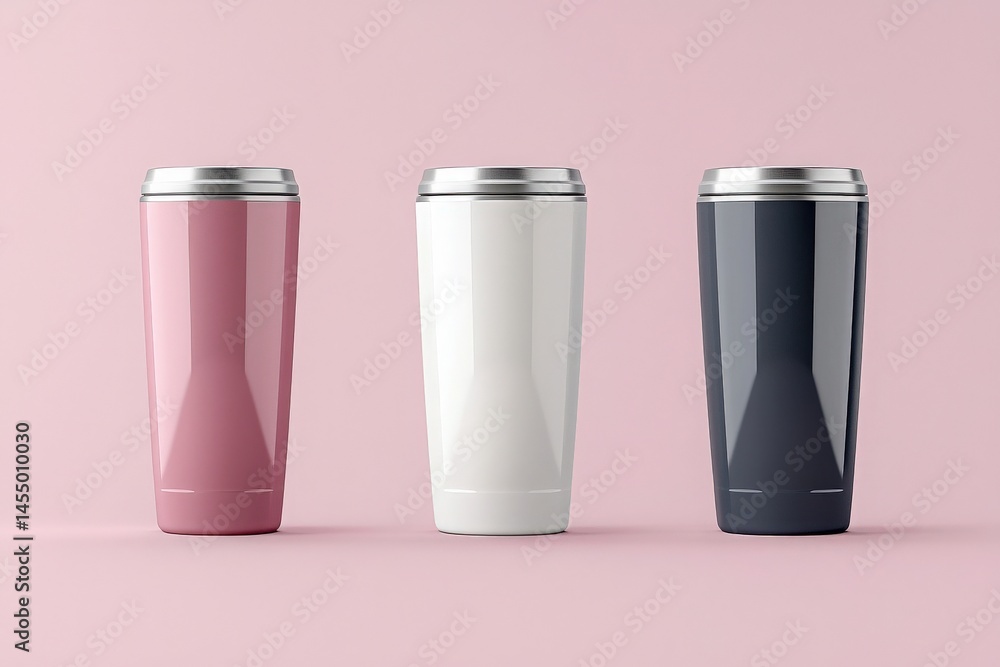 Three reusable tumblers in pink, white, and black are displayed side by side on a light pastel background. The sleek design highlights modern trends in eco-friendly products.