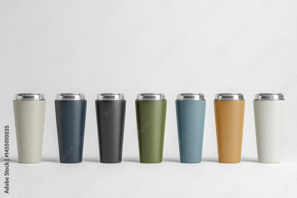 A lineup of seven reusable coffee cups in assorted colors including white, green, black, and blue. Each cup has a metallic lid, highlighting modern and eco-friendly design options.