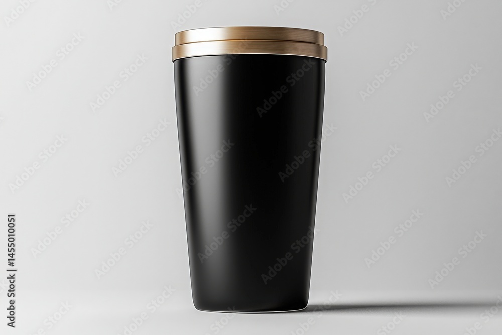 A sleek black travel mug stands upright against a light background. Its minimalist design features a shiny golden lid, making it ideal for hot beverages on the go. Perfect for modern lifestyles.