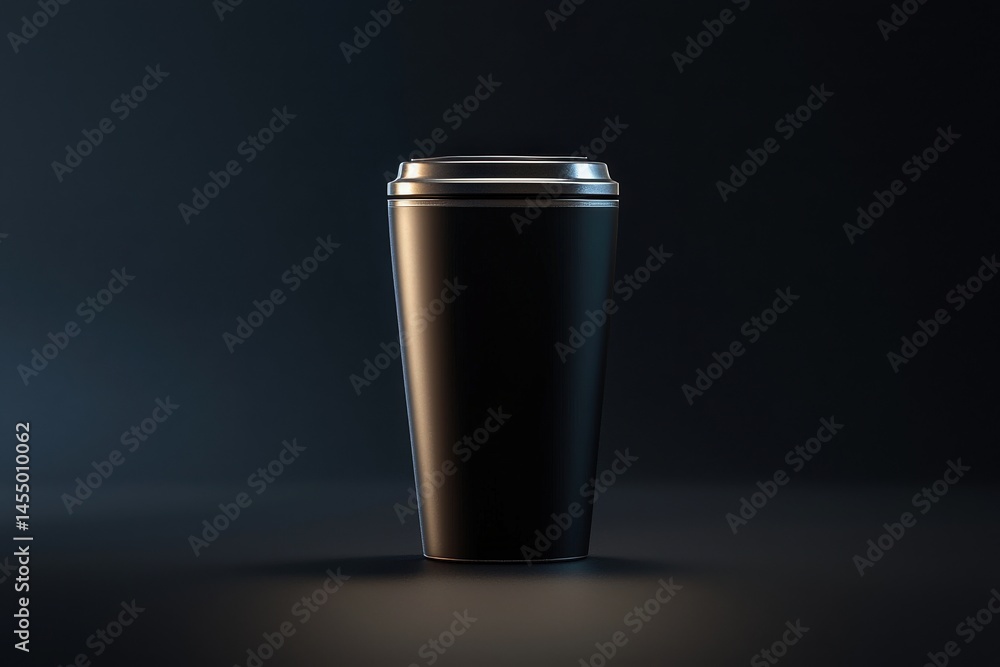 A sleek black coffee cup stands upright in a dim environment, illuminated by soft, focused light, creating a striking contrast with the dark background.