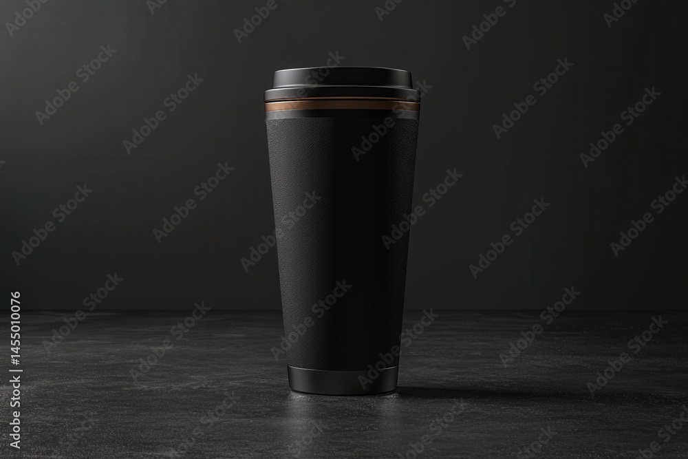 A sleek black insulated travel cup is prominently displayed against a dark background, highlighting its modern design. The cup features a lid, making it suitable for beverages on the go.