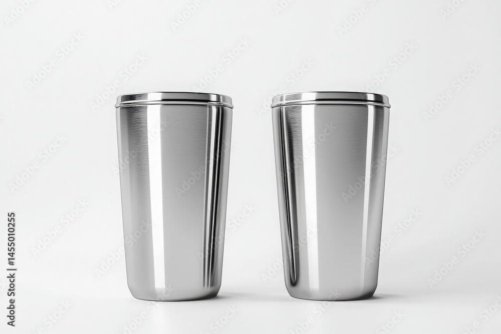 Two metallic tumblers stand upright next to each other on a light backdrop. Their reflective surfaces highlight a contemporary aesthetic, suitable for beverages on the go.