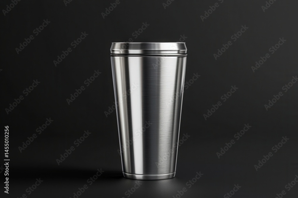 A sleek metallic cup stands upright against a deep black backdrop, highlighting its smooth surface and minimalistic design. The clean lines create a contemporary look perfect for various beverages.