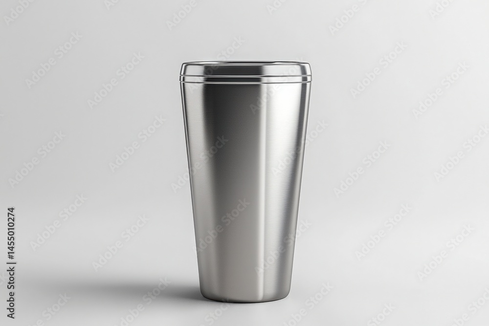 This sleek stainless steel travel mug stands upright against a light gray background, showcasing its modern design. Perfect for keeping beverages hot or cold during daily commutes.