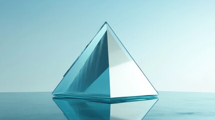 Glass pyramid reflecting on calm water, minimalist background, for product display