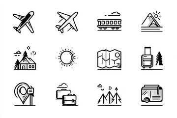 Leinwandbilder - Travel Icons Collection for Vacation Planning Featuring Transportation, Nature, and Outdoor Essentials Generative AI