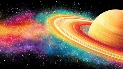 Wall Mural - an artistically rendered depiction of saturn and its rings in space, featuring stars and cosmic debr