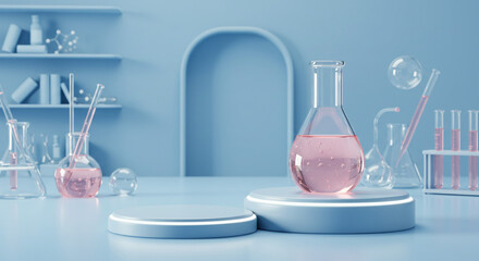 Laboratory scene with pink liquid in flask on podium and test tubes in a blue setting