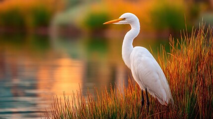 a white bird atop grassy field beside water, bathed in sunset
